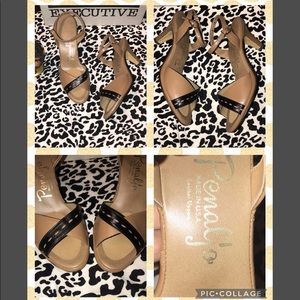 Vintage 70’s Penaljo Tan & Black Peep-Toe Slingback Top-Stitch High Heels